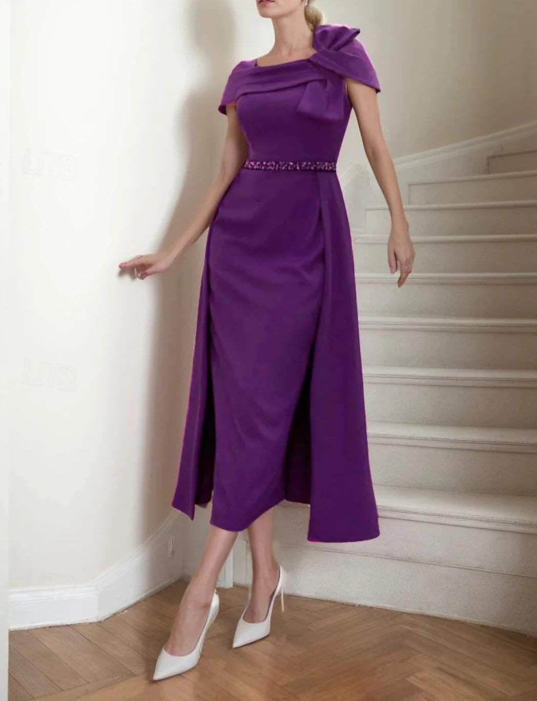 Sheath / Column Mother of the Bride Dress Elegant Square Neck Tea Length Stretch Fabric Short Sleeve with