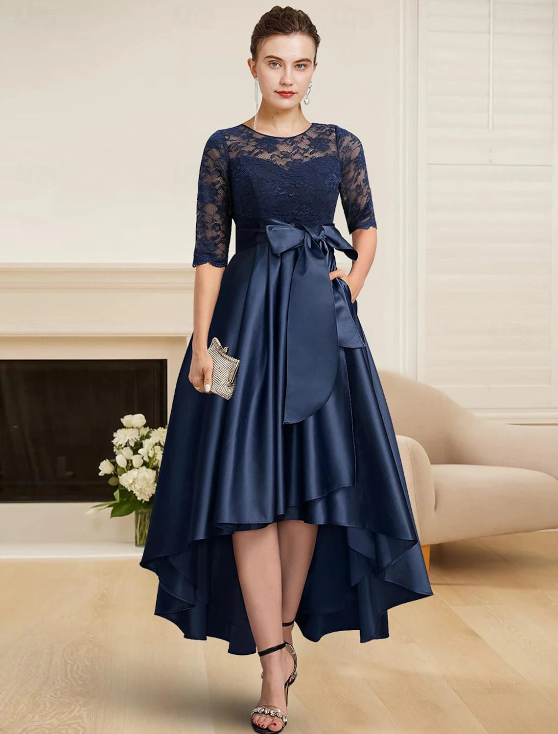 A-Line Mother of the Bride Dress Wedding Guest Elegant High Low Jewel Neck Tea Length Satin Lace Half Sleeve with Lace Sash / Ribbon