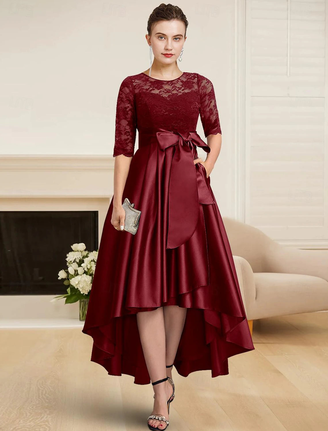 A-Line Mother of the Bride Dress Wedding Guest Elegant High Low Jewel Neck Tea Length Satin Lace Half Sleeve with Lace Sash / Ribbon