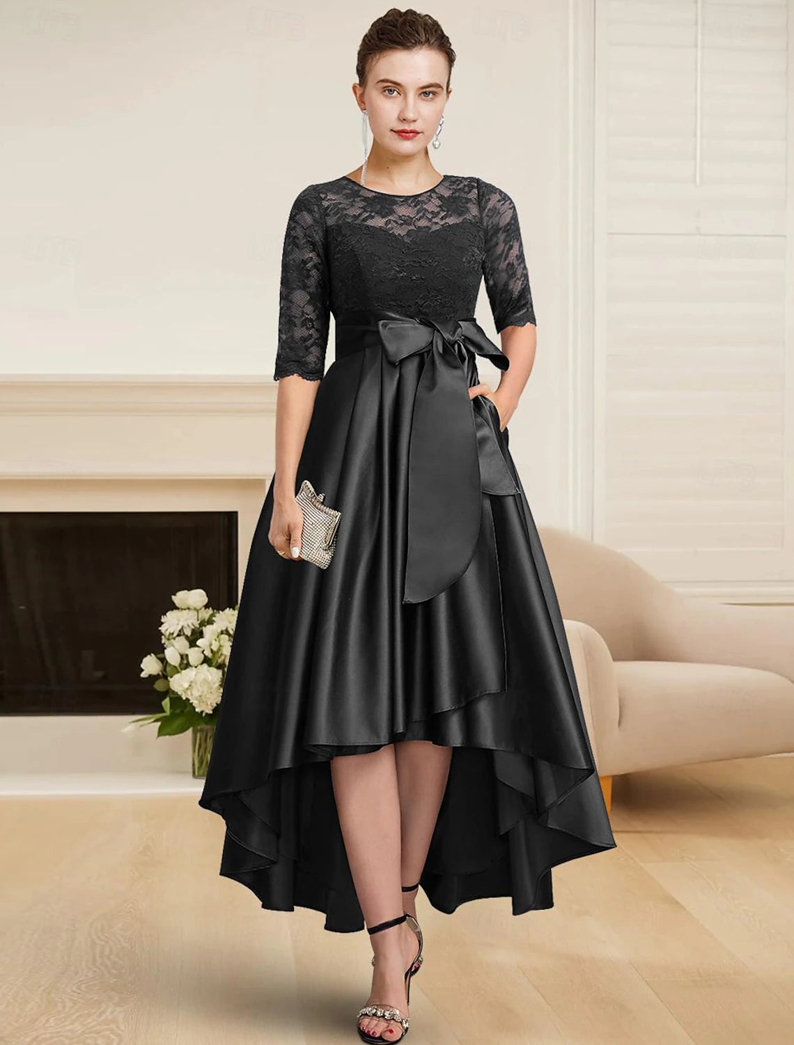 A-Line Mother of the Bride Dress Wedding Guest Elegant High Low Jewel Neck Tea Length Satin Lace Half Sleeve with Lace Sash / Ribbon