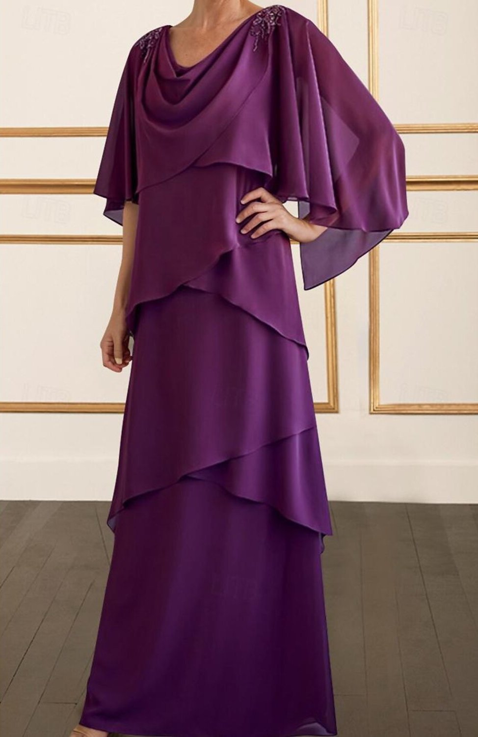 Sheath / Column Mother of the Bride Dress Elegant Simple Cowl Neck Floor Length Chiffon 3/4 Length Sleeve with