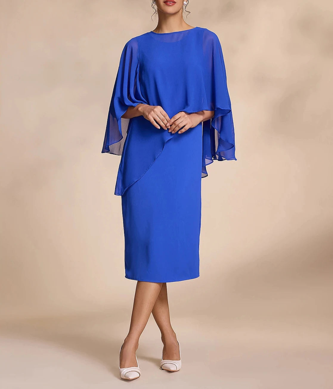 Blue Chiffon Causal Round Sleeve 2 Piece Midi Mother of the Bride Dress dress to impress