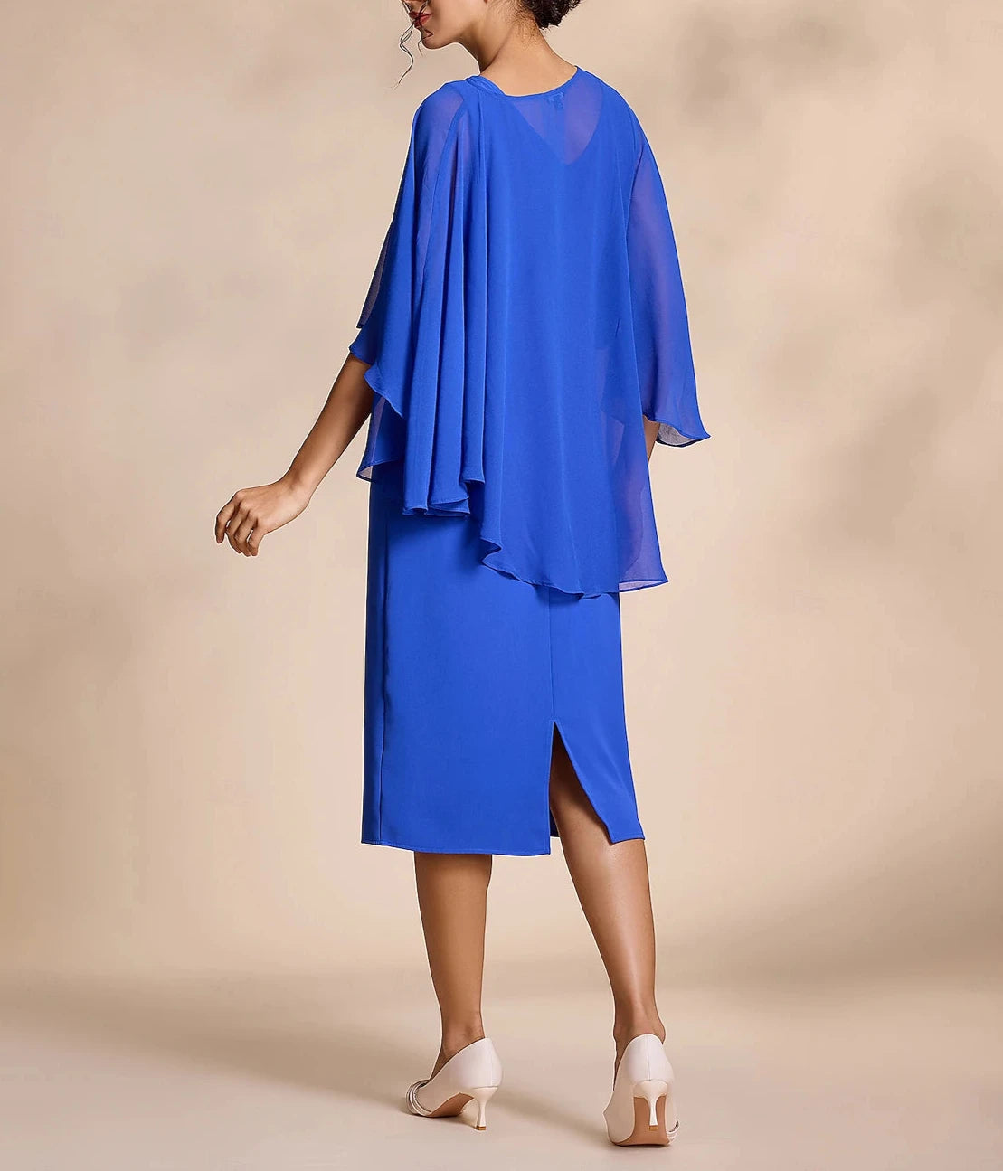 Blue Chiffon Causal Round Sleeve 2 Piece Midi Mother of the Bride Dress dress to impress