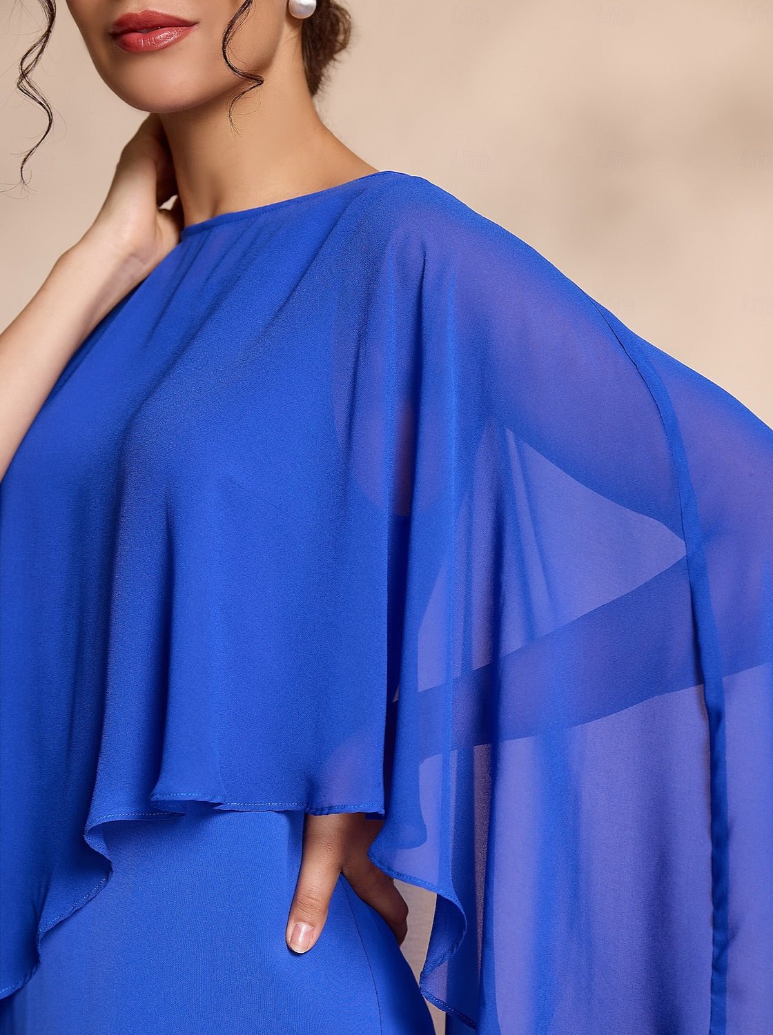 Blue Chiffon Causal Round Sleeve 2 Piece Midi Mother of the Bride Dress dress to impress