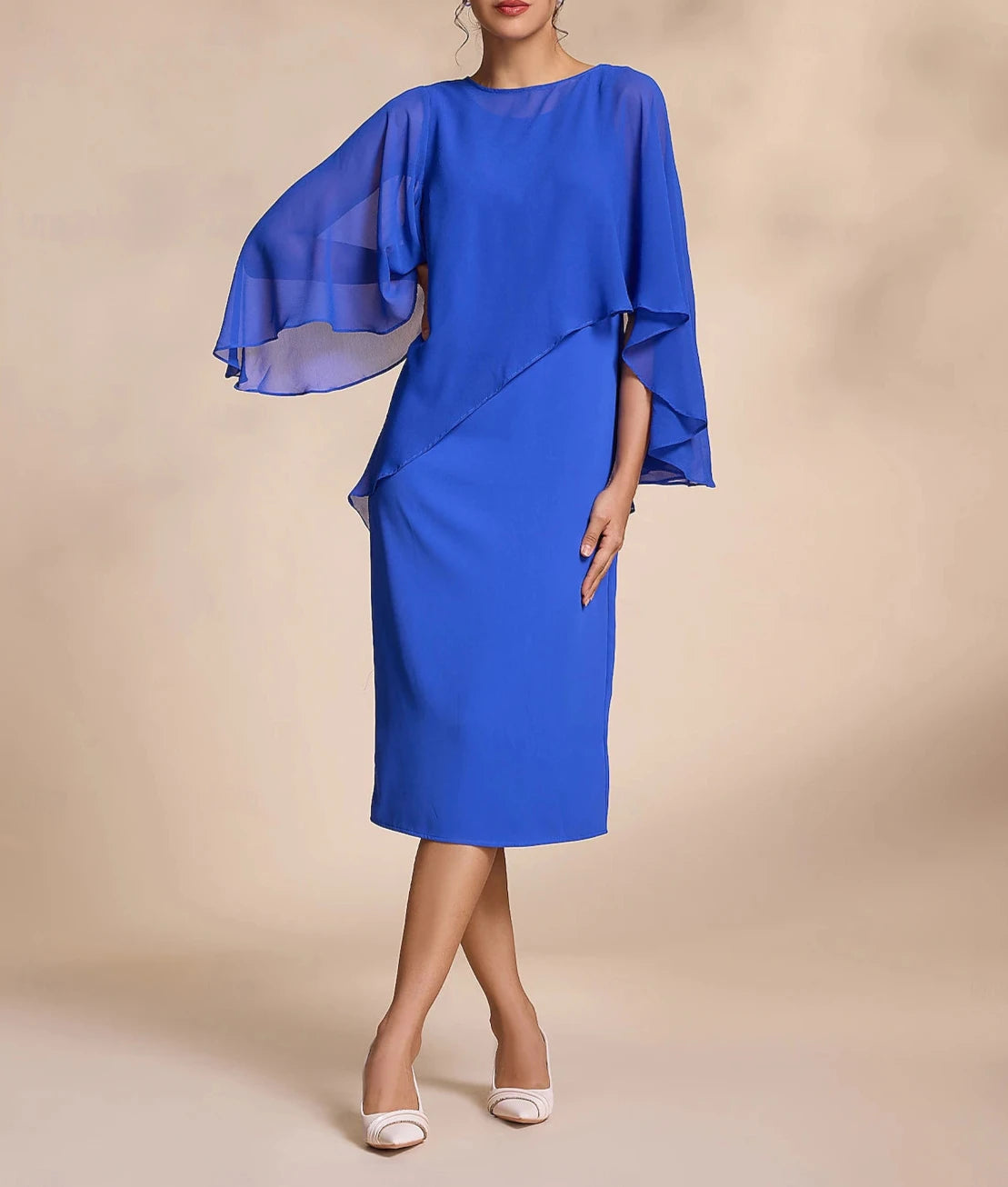 Blue Chiffon Causal Round Sleeve 2 Piece Midi Mother of the Bride Dress dress to impress