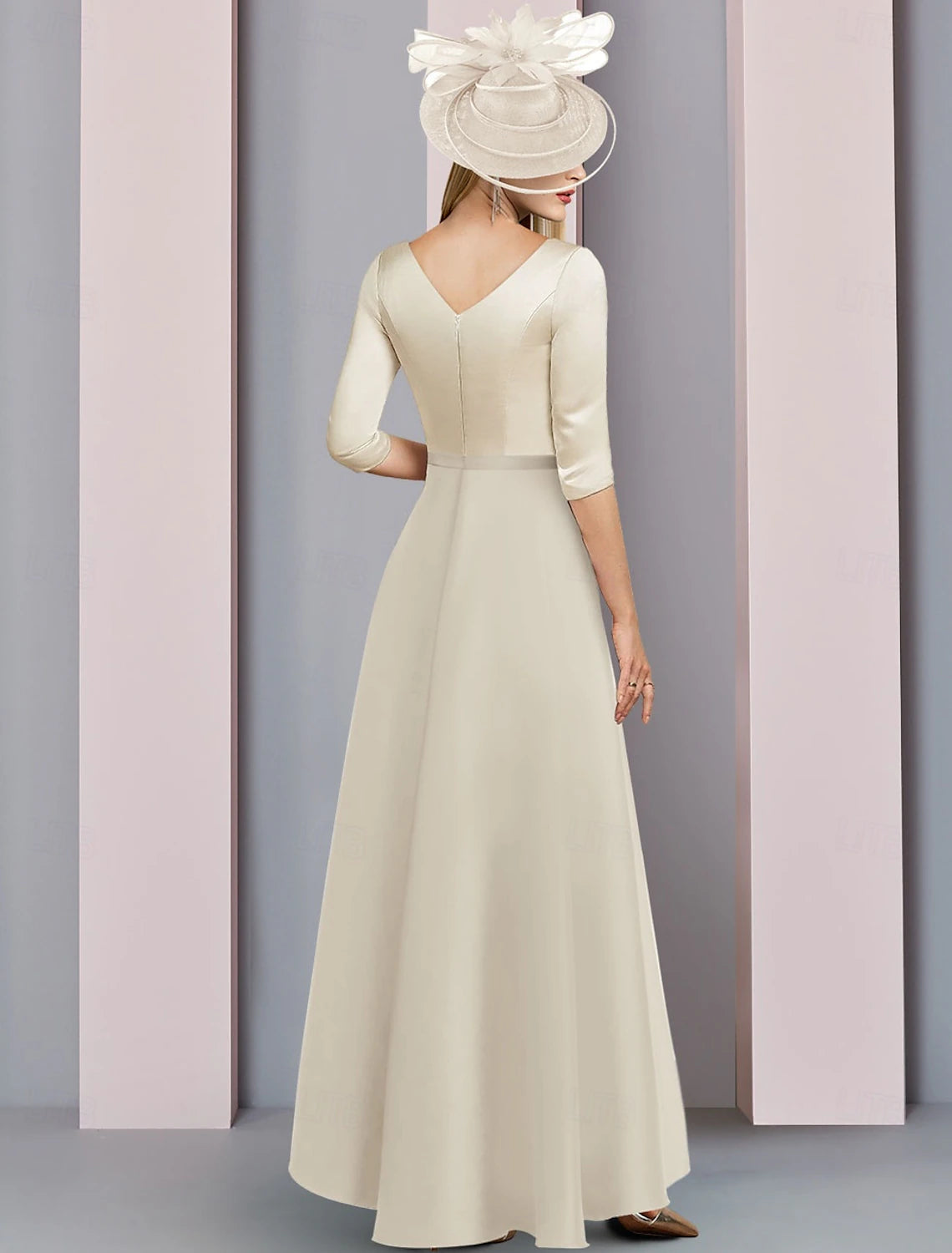 A-Line Mother of the Bride Dress Elegant Simple V Neck Floor Length Stretch Satin 3/4 Length Sleeve with