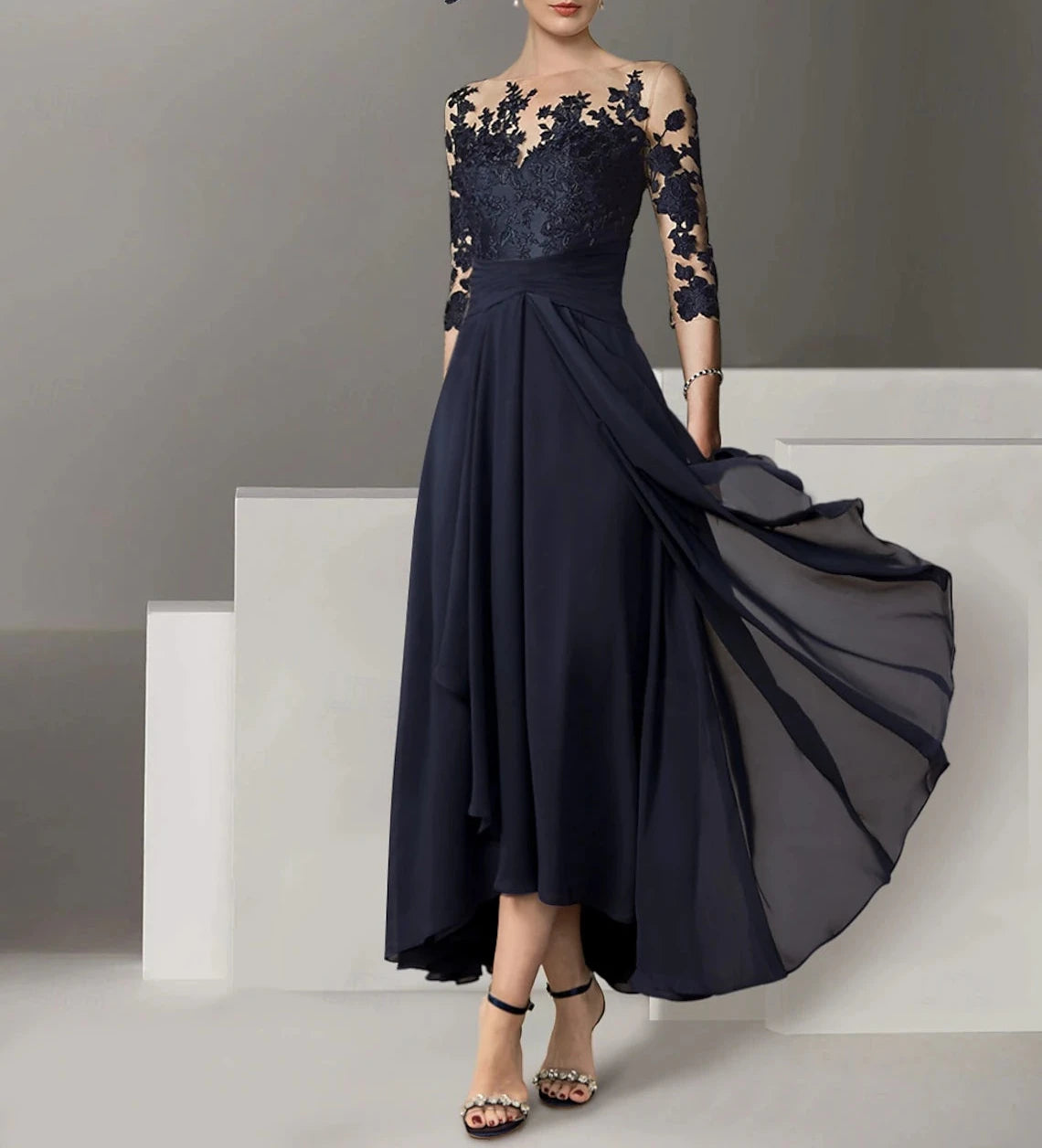 A-Line Cocktail Dresses Elegant Dress Wedding Guest Asymmetrical 3/4 Length Sleeve Jewel Neck Stretch Satin with