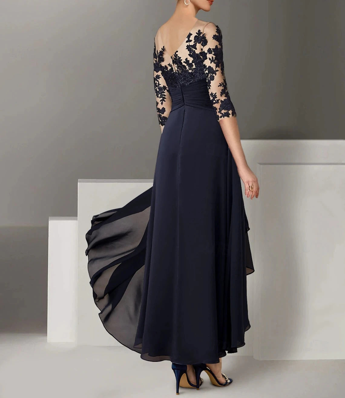 A-Line Cocktail Dresses Elegant Dress Wedding Guest Asymmetrical 3/4 Length Sleeve Jewel Neck Stretch Satin with