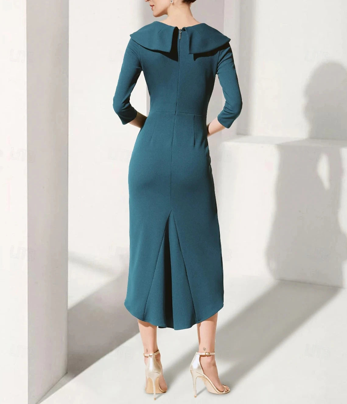 A-Line Dress Mother of the Bride Dress Elegant V Neck Tea Length Stretch Fabric 3/4 Length Sleeve with