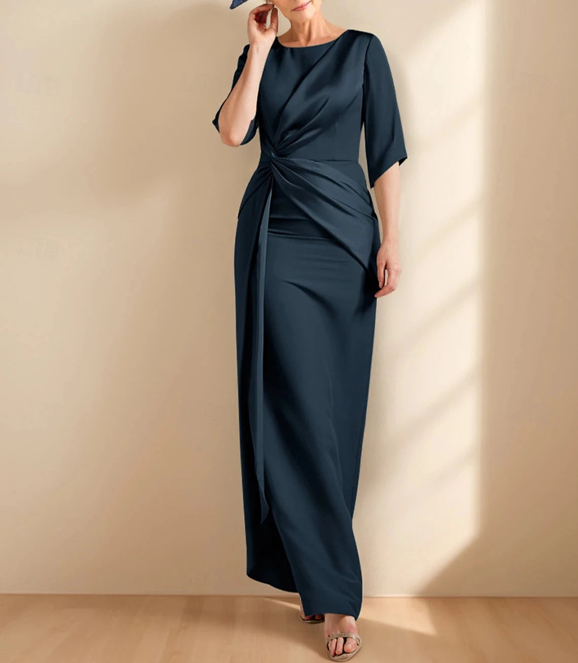 Sheath / Column Dress Mother of the Bride Dress Elegant Jewel Neck Ankle Length Satin Half Sleeve with