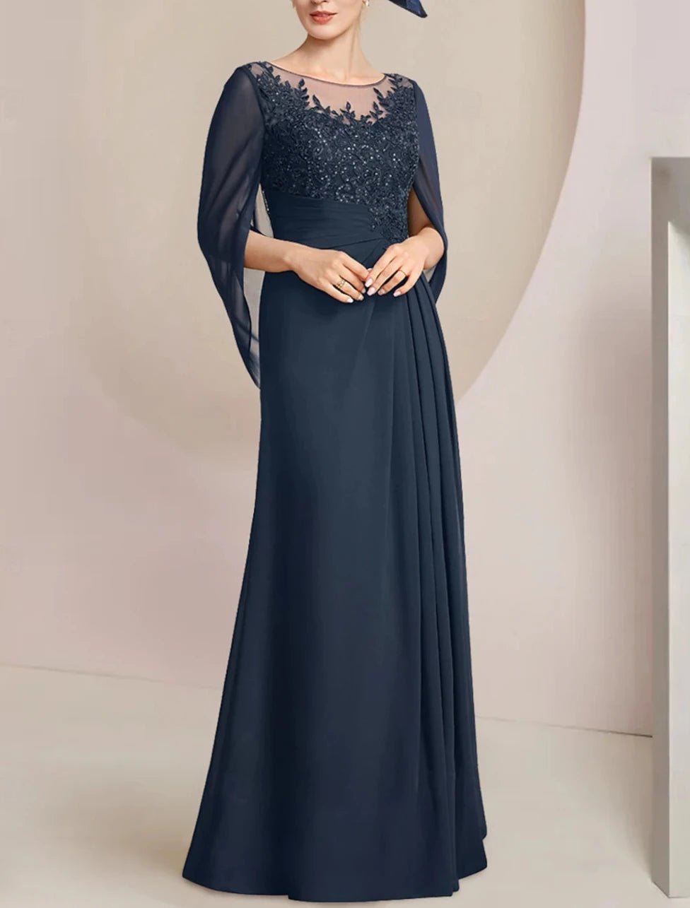 heath / Column Dress Mother of the Bride Dress Elegant Jewel Neck Floor Length Chiffon Half Sleeve with