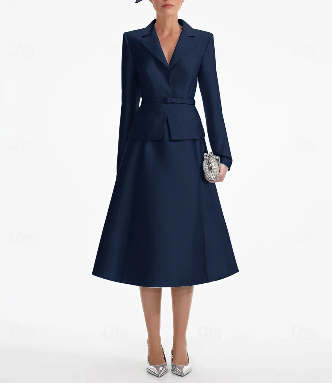 A-Line Dress Mother of the Bride Dress Elegant V Neck Tea Length Satin Long Sleeve with