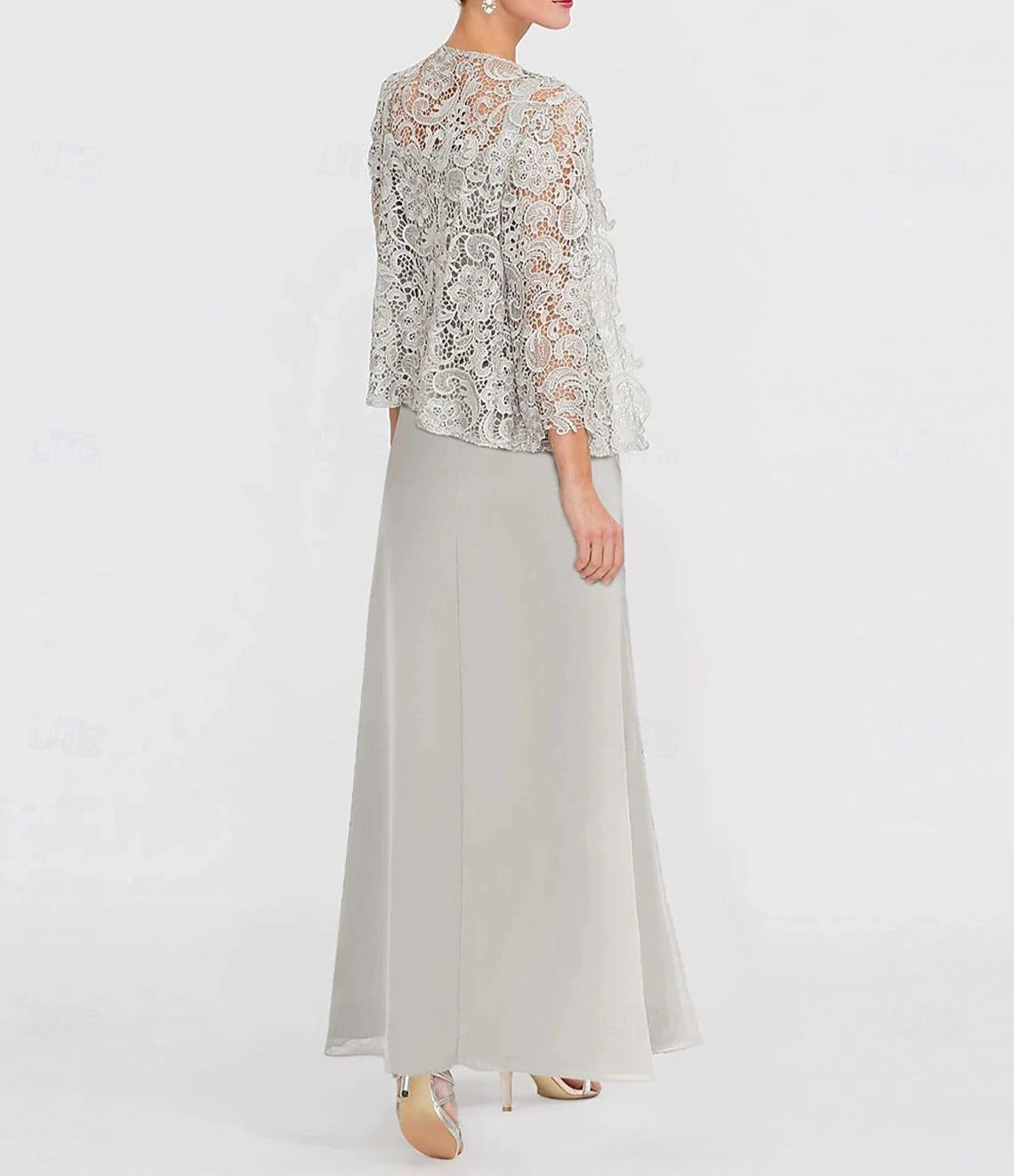 A-Line Dress Suit Mother of the Bride Dress Elegant Straight Neckline Ankle Length Chiffon Lace 3/4 Length Sleeve with