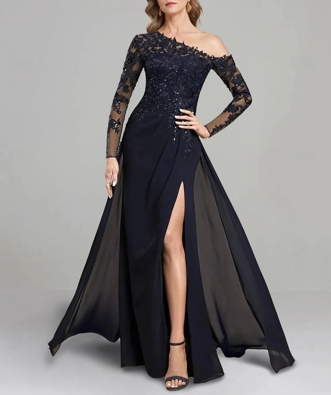 Sheath / Column Dress Mother of the Bride Dress Formal Elegant One Shoulder Floor Length Chiffon Long Sleeve with