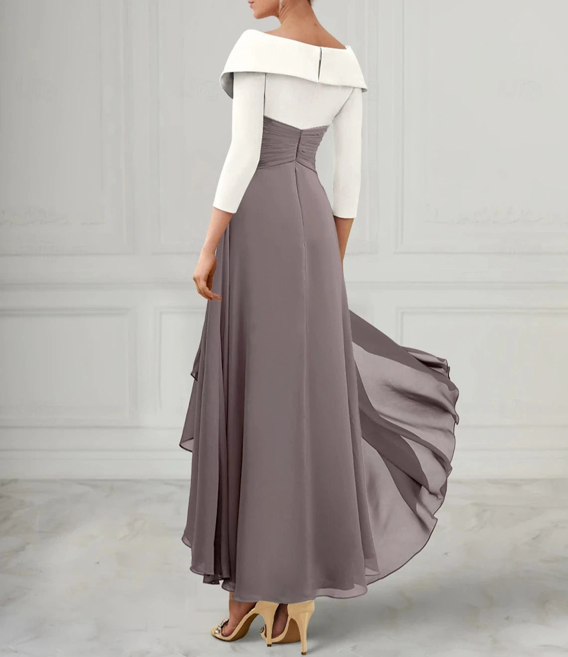 A-Line Mother of the Bride Dress Elegant V Neck Asymmetrical Ankle Length Chiffon 3/4 Length Sleeve with