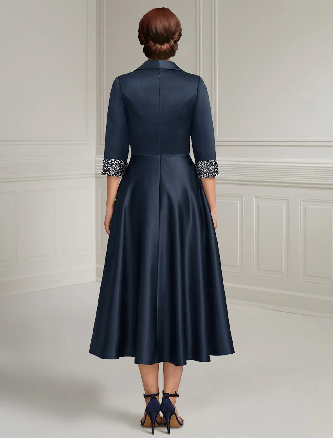 Navy Blue A-Line Dress Mother of the Bride Dress Elegant Satin Simple Shirt Collar Tea Length 3/4 Length Sleeve with Sash Ribbon Beading Solid Color