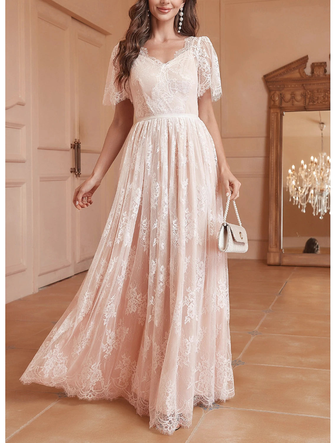 Wedding Dresses A-Line V Neck Short Sleeve Floor Length Lace Bridal Gowns With Pleats