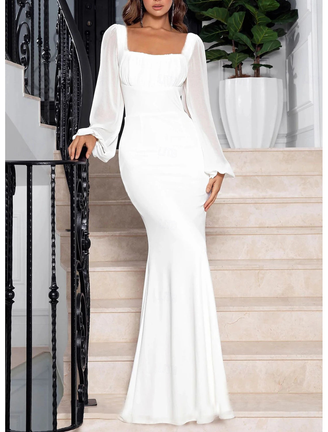 Wedding Dresses Mermaid Trumpet Square Neck Long Sleeve Floor Length Chiffon Bridal Gowns With Ruched