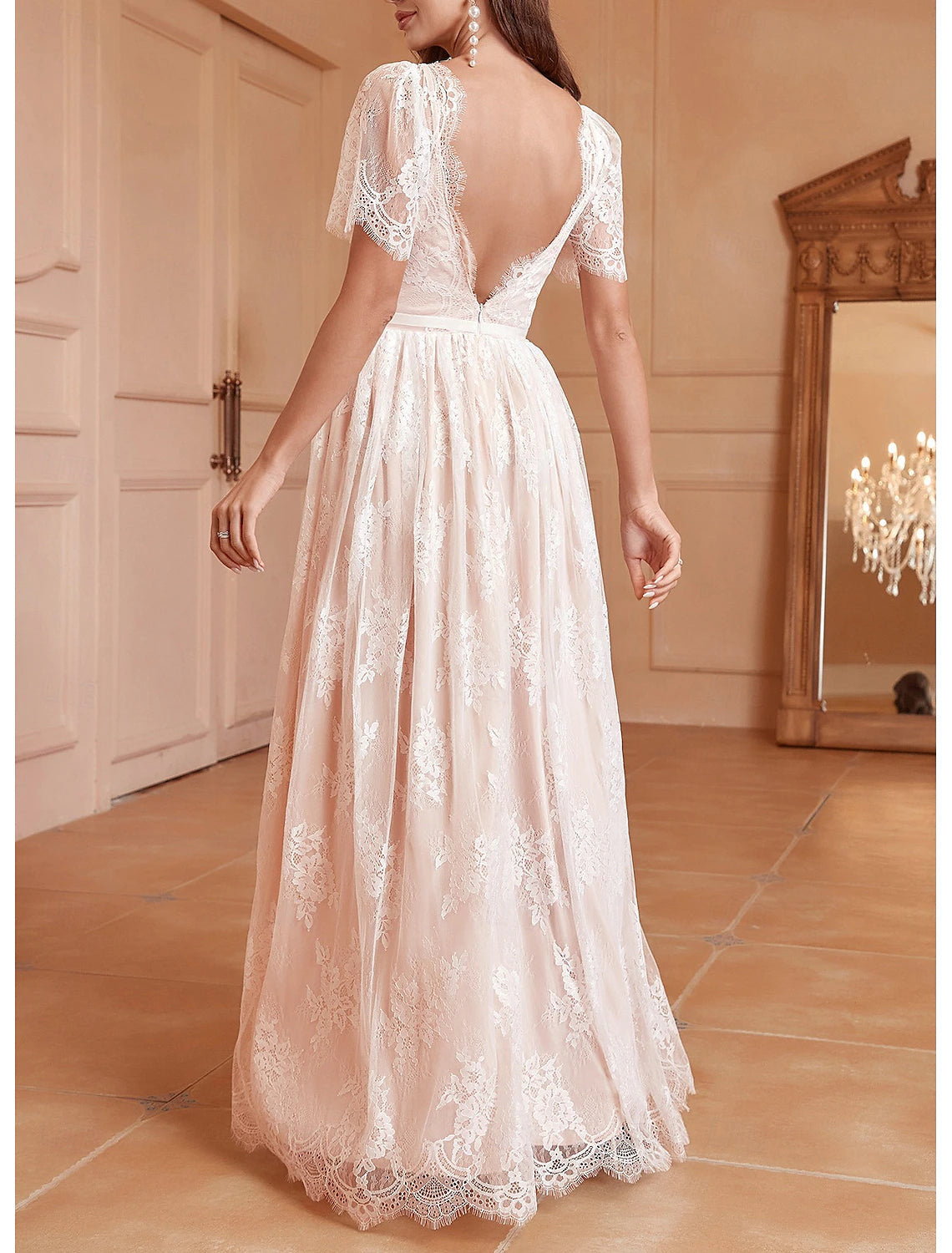 Wedding Dresses A-Line V Neck Short Sleeve Floor Length Lace Bridal Gowns With Pleats