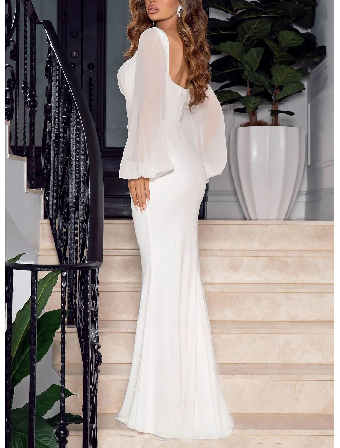 Wedding Dresses Mermaid Trumpet Square Neck Long Sleeve Floor Length Chiffon Bridal Gowns With Ruched