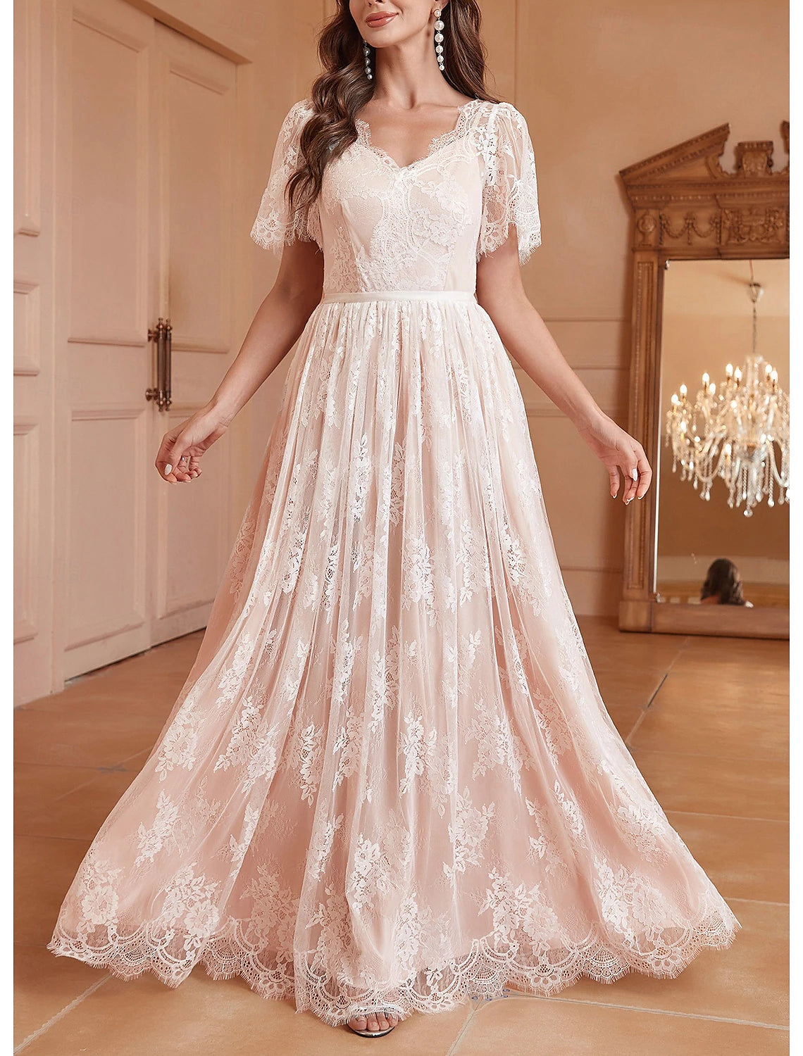 Wedding Dresses A-Line V Neck Short Sleeve Floor Length Lace Bridal Gowns With Pleats