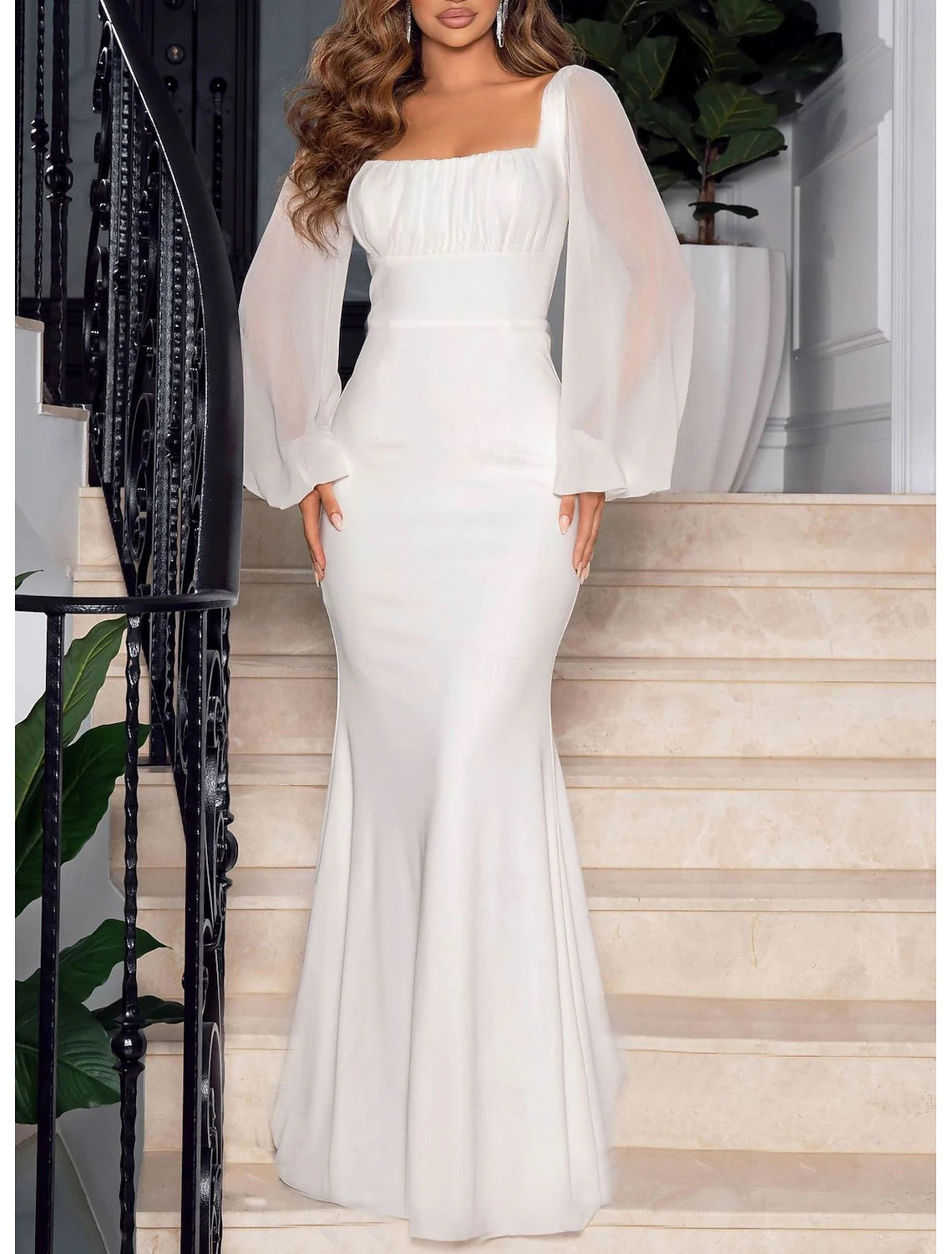 Wedding Dresses Mermaid Trumpet Square Neck Long Sleeve Floor Length Chiffon Bridal Gowns With Ruched