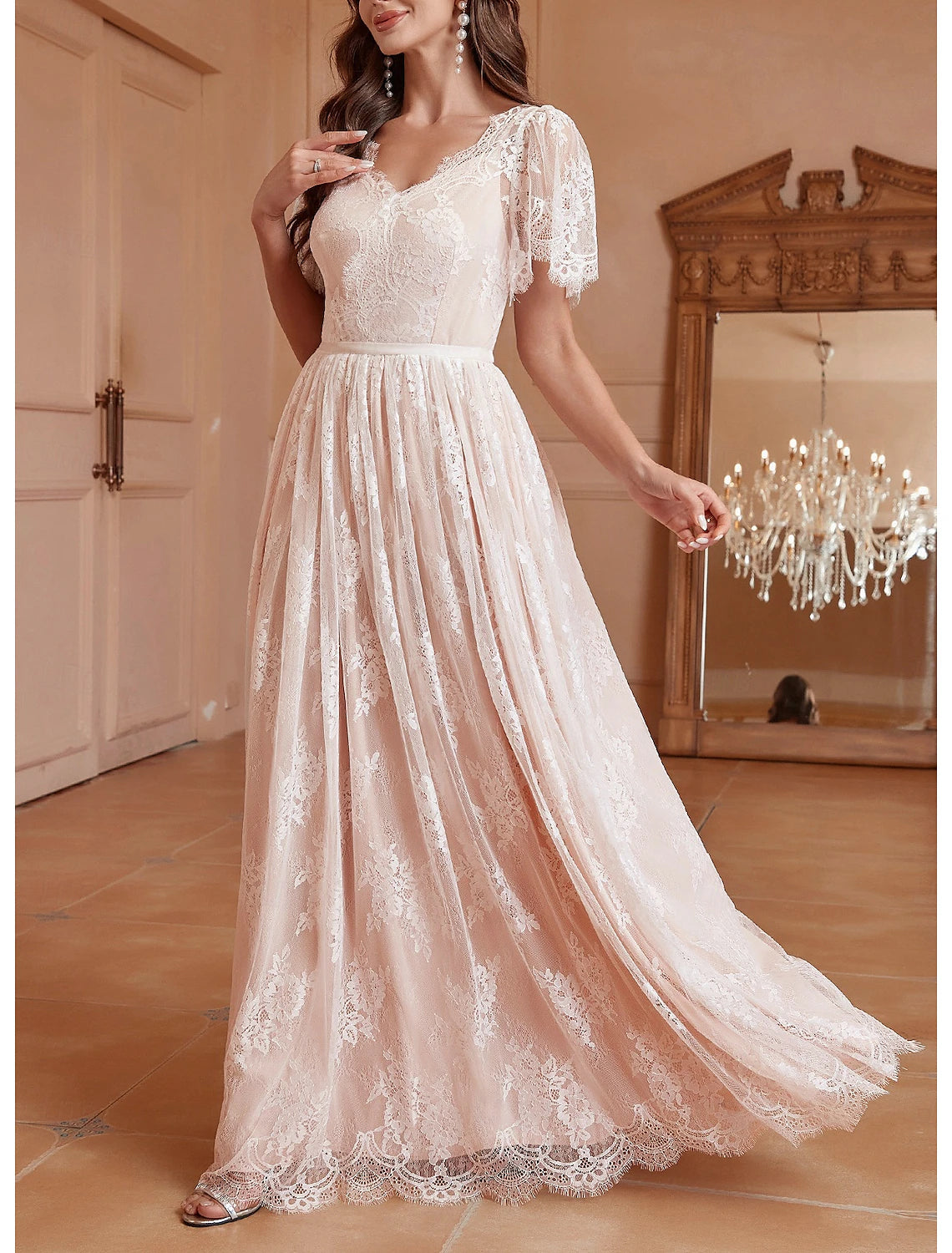 Wedding Dresses A-Line V Neck Short Sleeve Floor Length Lace Bridal Gowns With Pleats