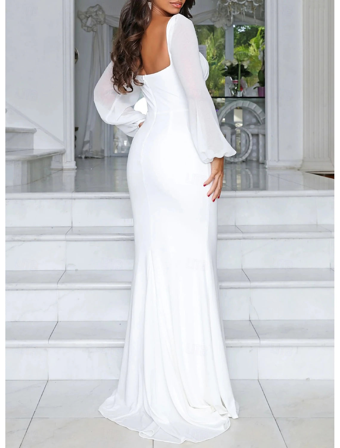 Wedding Dresses Mermaid Trumpet Square Neck Long Sleeve Floor Length Chiffon Bridal Gowns With Ruched