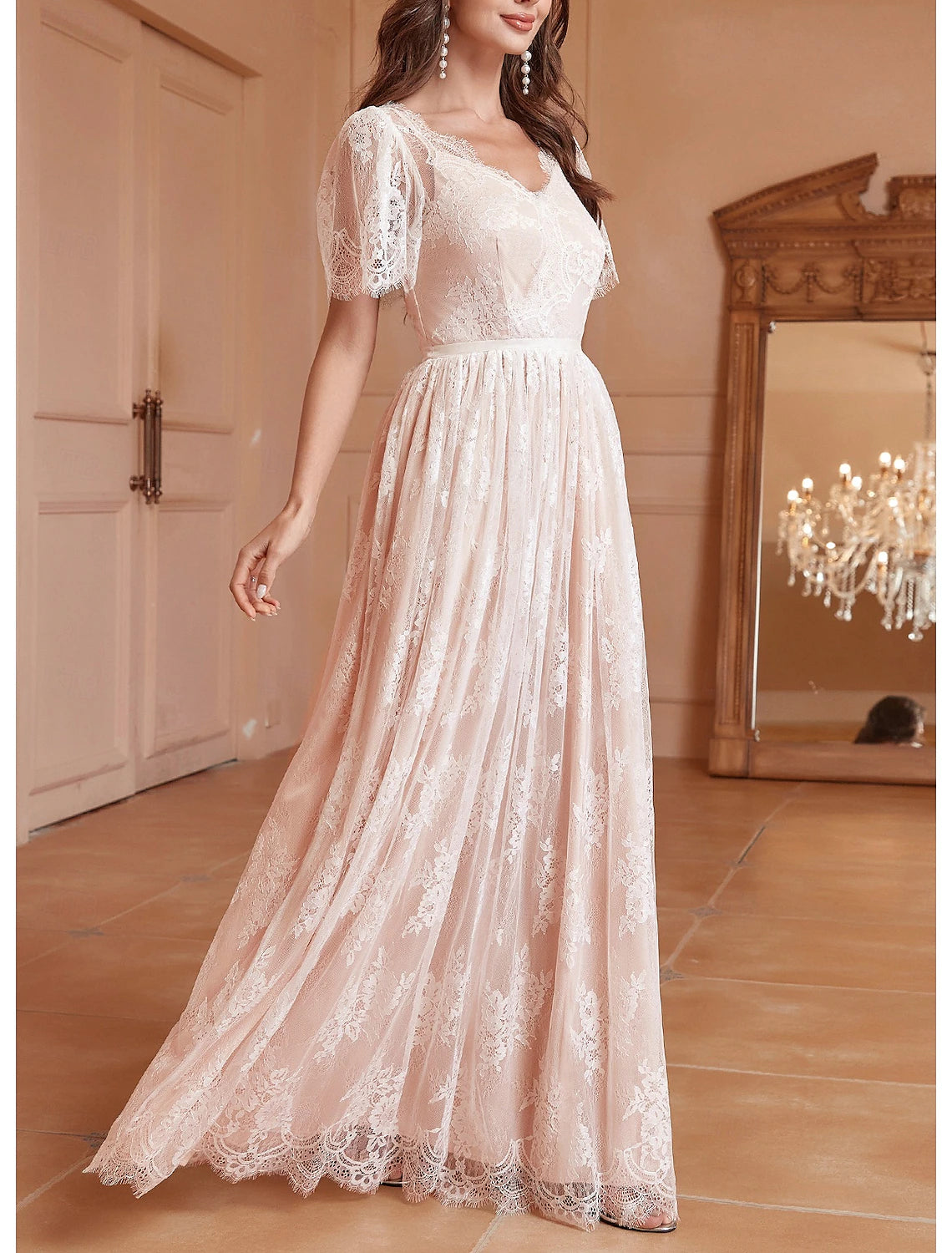 Wedding Dresses A-Line V Neck Short Sleeve Floor Length Lace Bridal Gowns With Pleats