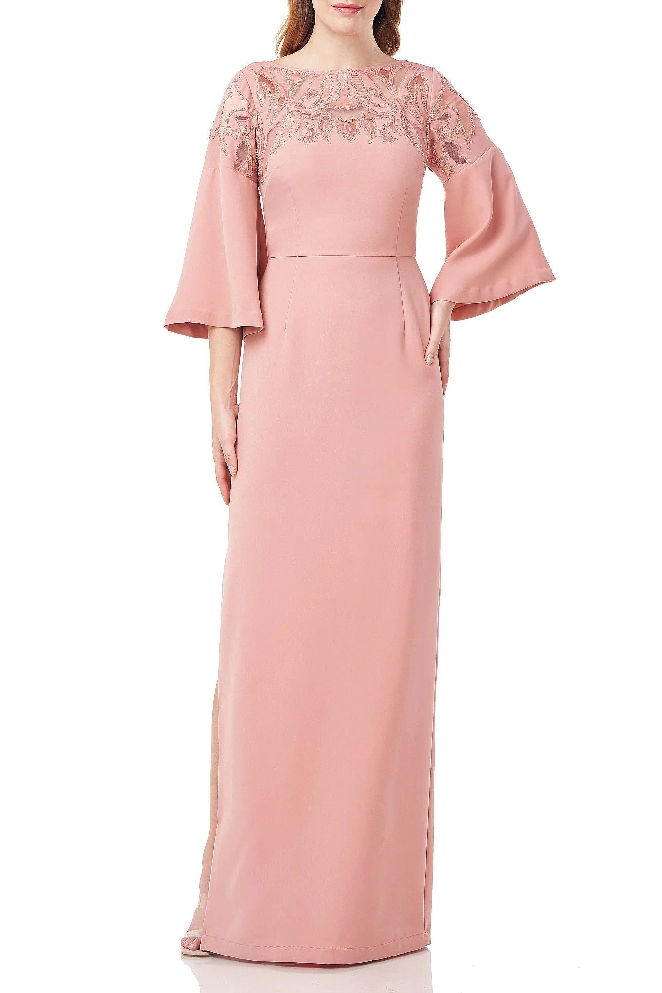Embellished Boat Neck 3/4 Flare Sleeve Zipper Back Slit Side Solid Stretch Crepe Mother of the Bride Dresses