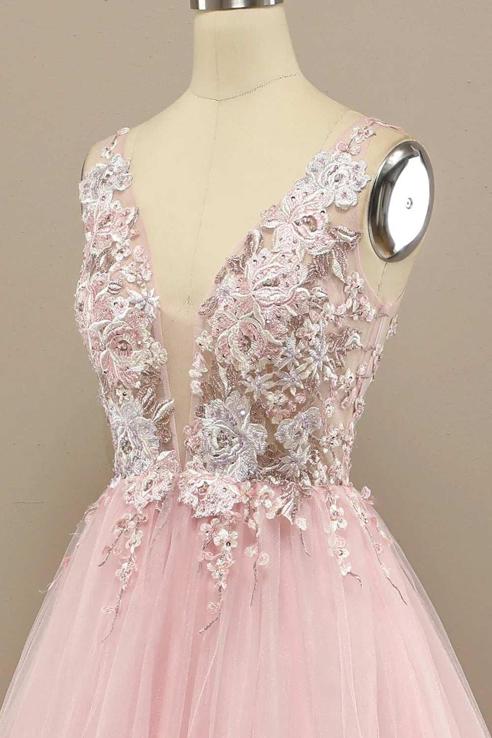 Gorgeous deep V-neck gray pink dance party formal dress