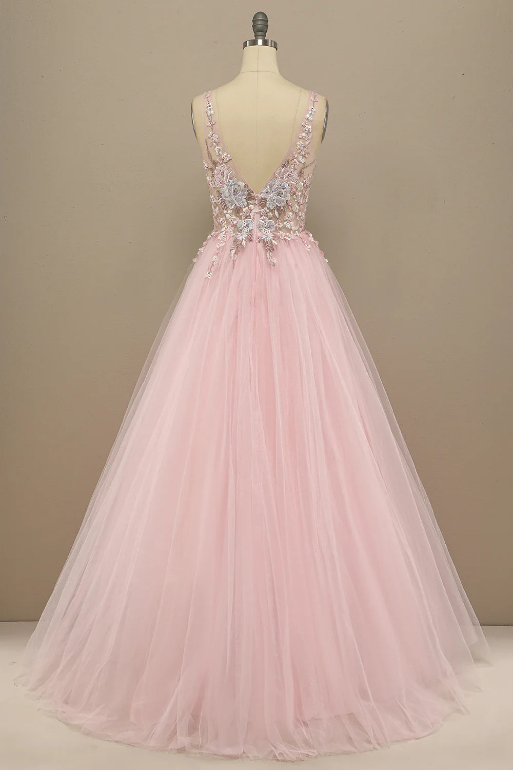 Gorgeous deep V-neck gray pink dance party formal dress