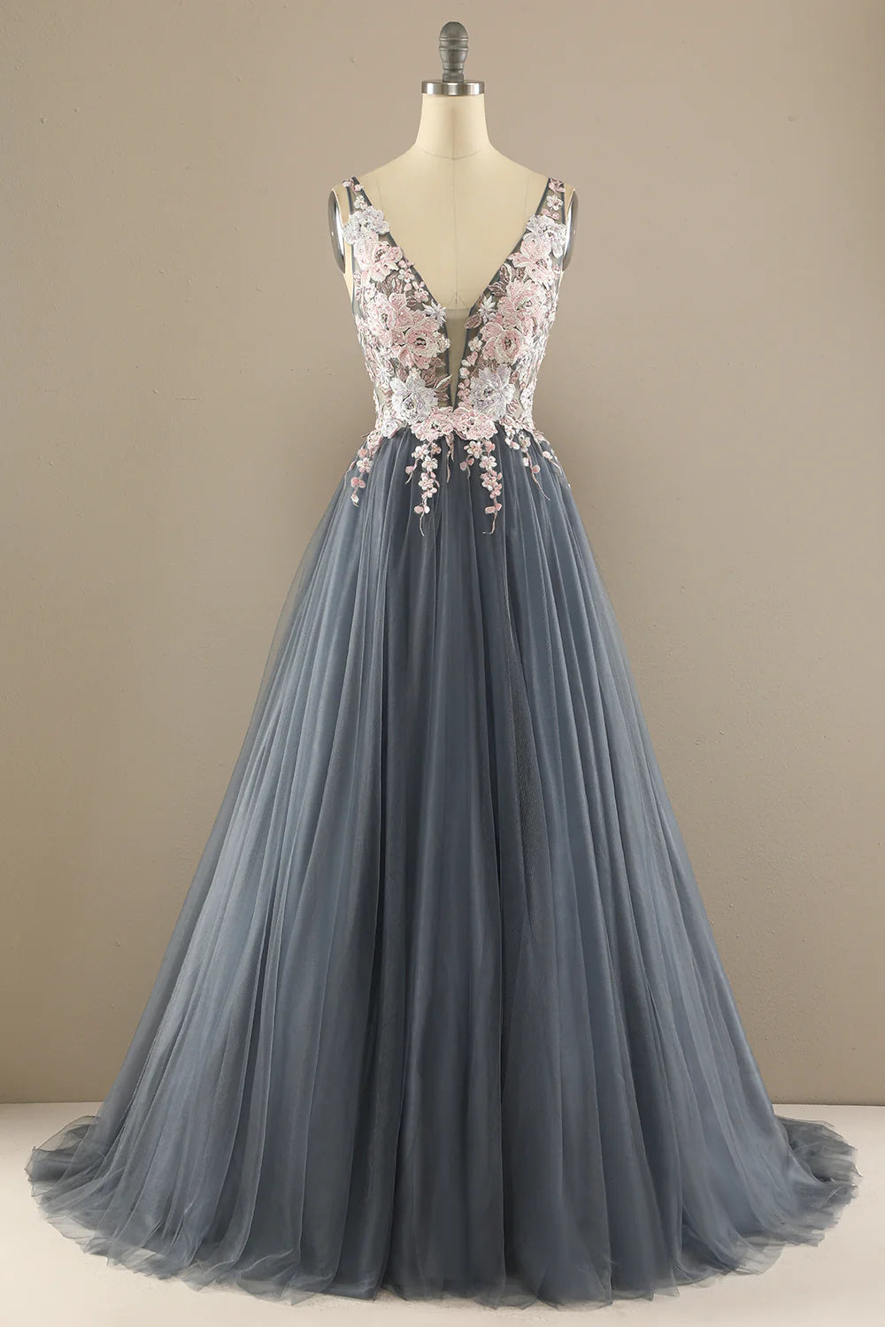 Gorgeous deep V-neck gray pink dance party formal dress
