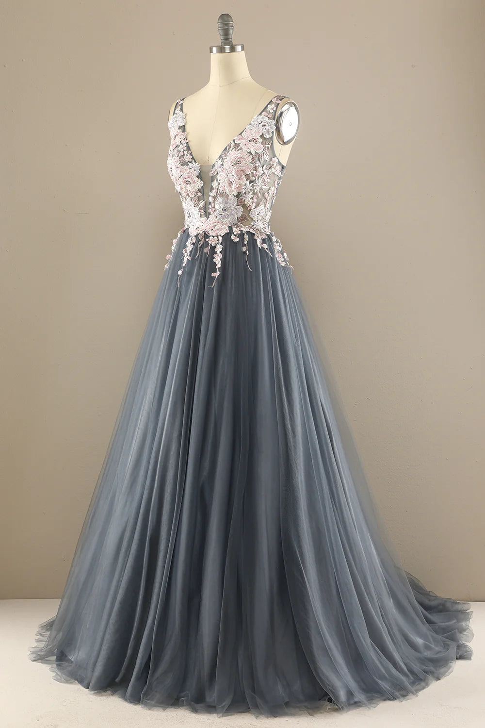 Gorgeous deep V-neck gray pink dance party formal dress