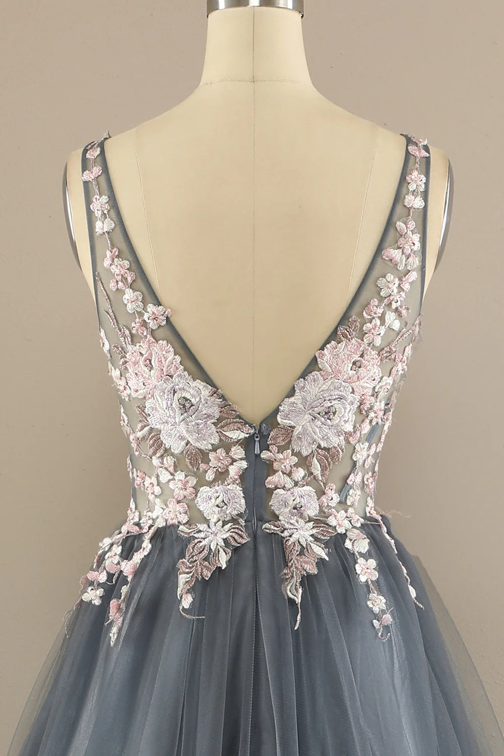 Gorgeous deep V-neck gray pink dance party formal dress
