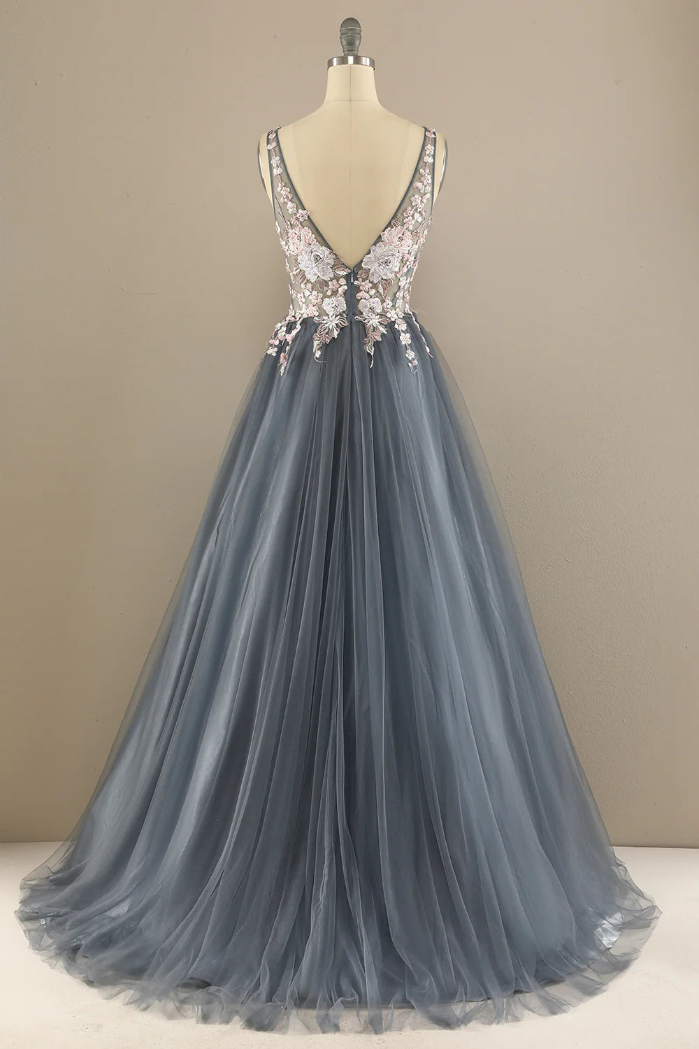Gorgeous deep V-neck gray pink dance party formal dress