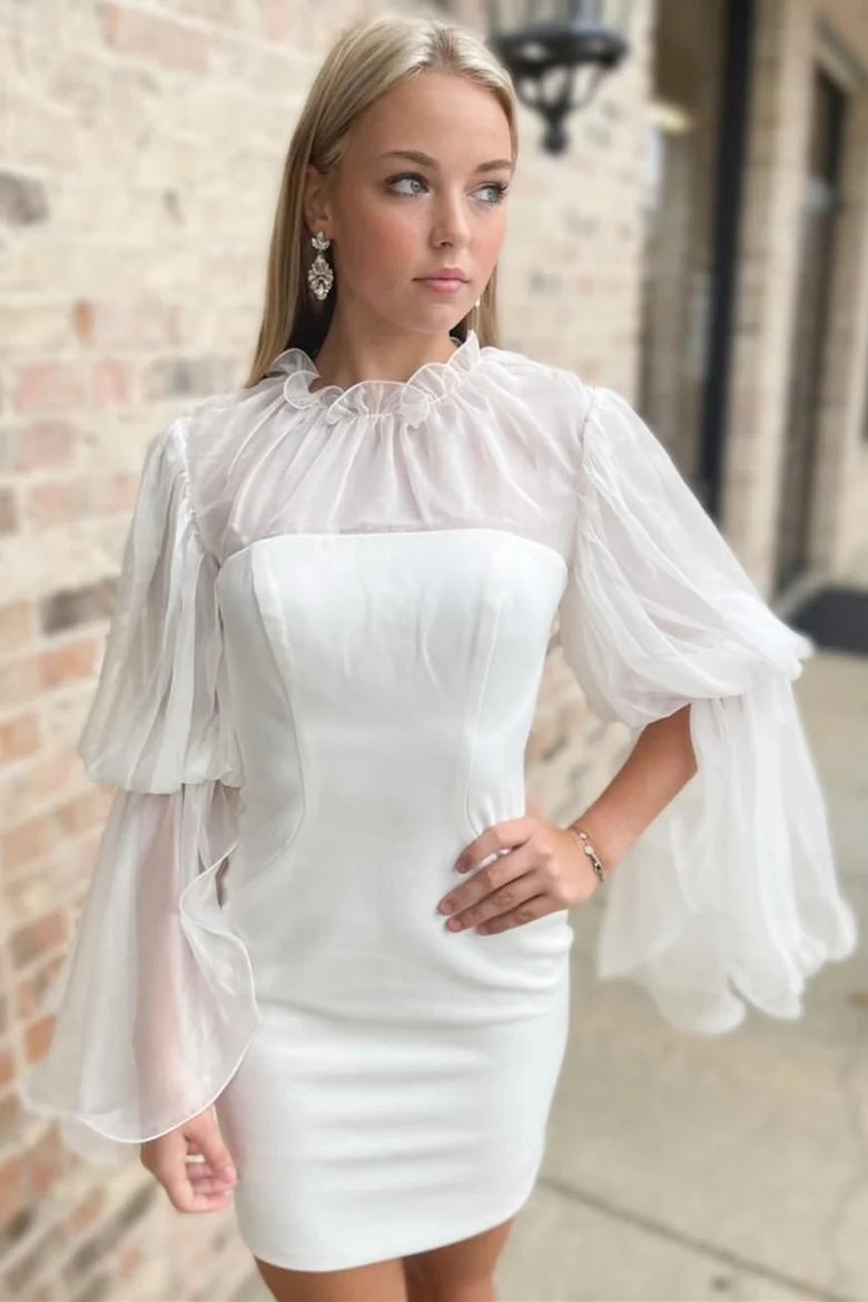 High-Collar Long Sleeve Short Bride Gown