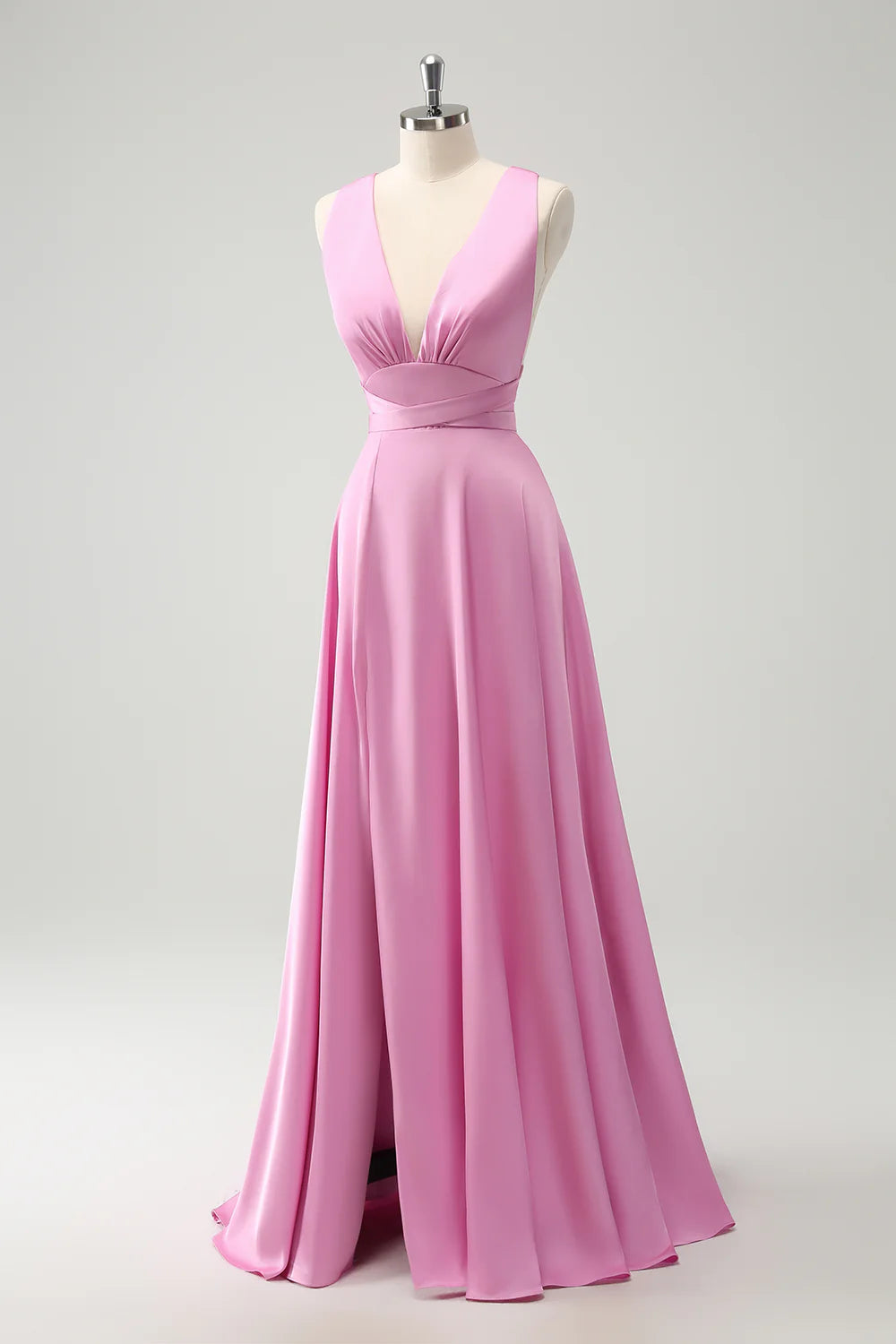 A Line Deep V Neck Backless Long Bridesmaid Dress with Slit