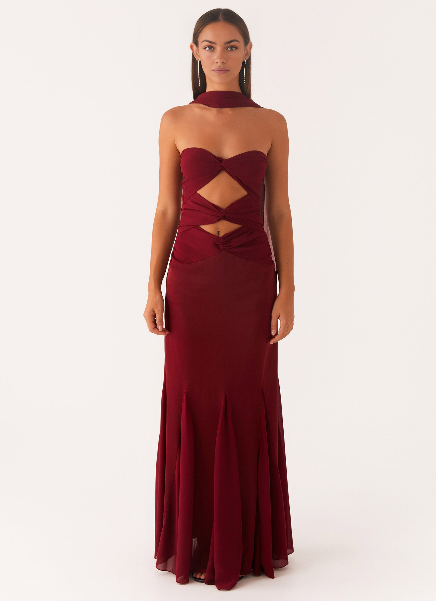 OKBBN's luxurious and eye-catching satin chiffon front hollow fish tail skirt with Prom Dresses sticker
