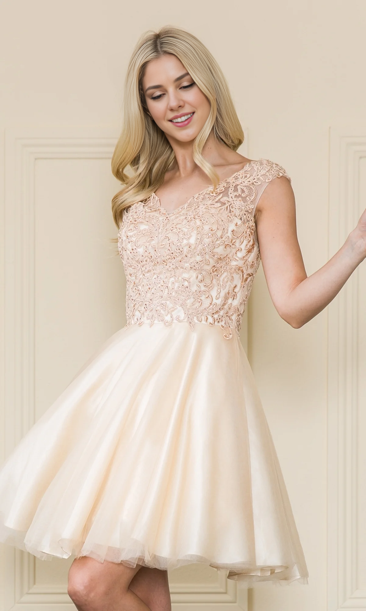 OKBBN Sweet and Playful A-line Short V-neck Lace Tight corset Back Strap Homecoming Dresses