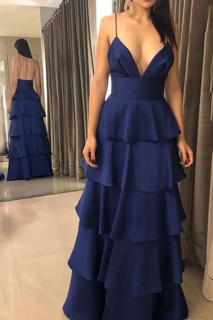 OKBBN Elegant Thin Strap V-neck Layered Long Formal Ball Dress