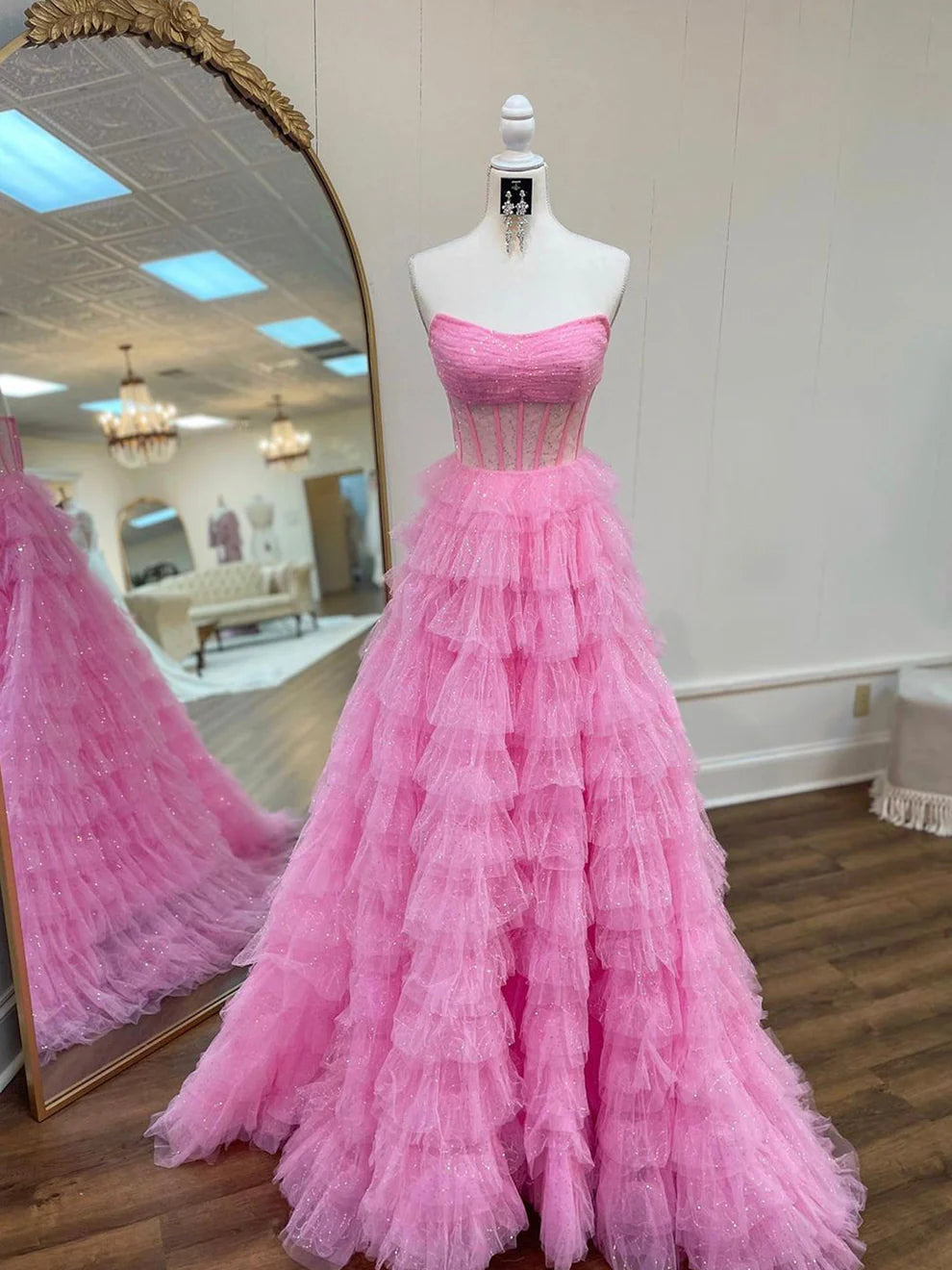 OKBBN A-line off shoulder tight corset with sparkling chiffon ball dress