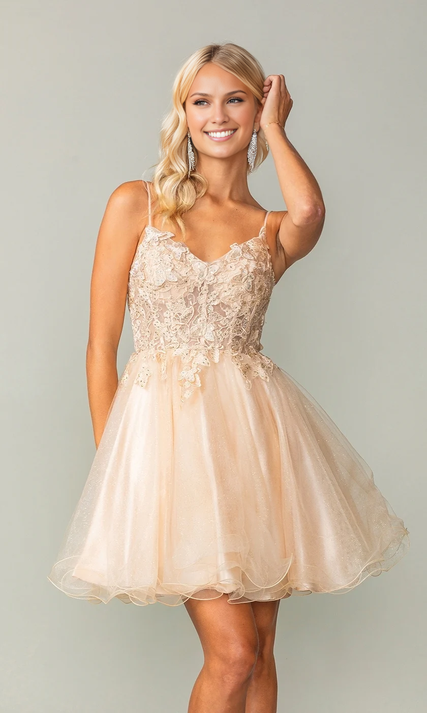 OKBBN Cute Short Perspective V-neck Perspective Waist Multi layer A-line Homecoming Dresses