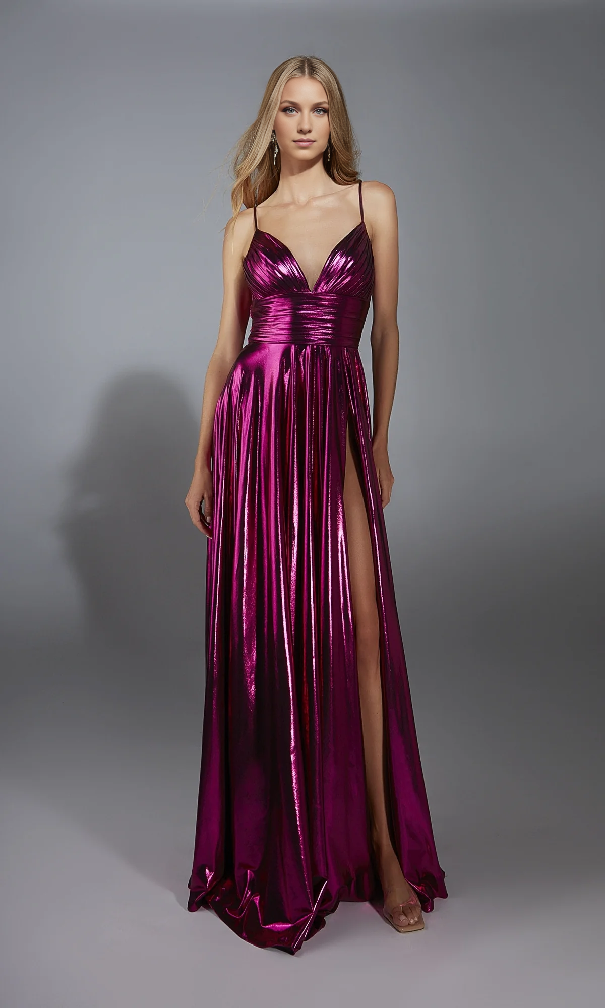 OKBBN deep V-shaped long pleated side slit ball gown