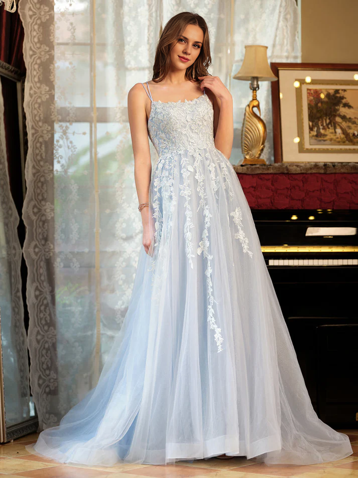 OKBBN A-line princess chiffon thin shoulder strap decal long evening gown