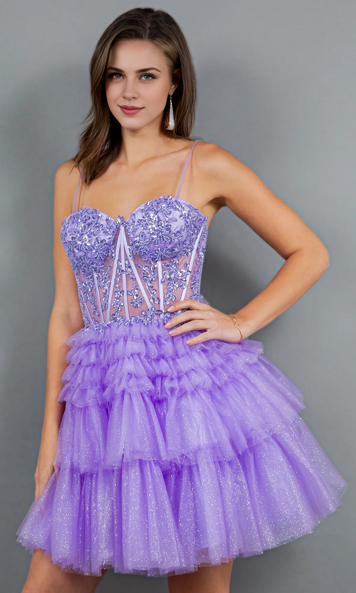 OKBBN's gorgeous short A-line semi formal beaded embroidery see through heart-shaped tight corset back to school dress