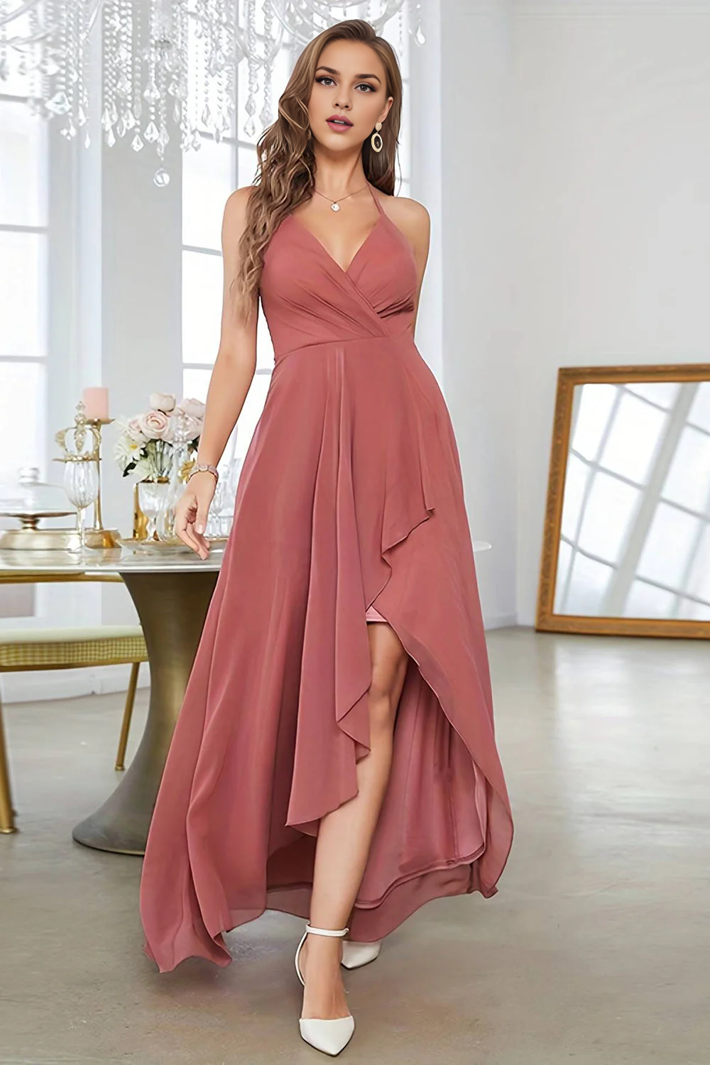 OKBBN asymmetrical A-line backless sleeveless evening gown