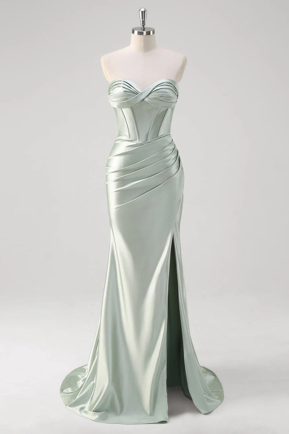 OKBBN mermaid off shoulder pleated satin tight corset long slit evening gown