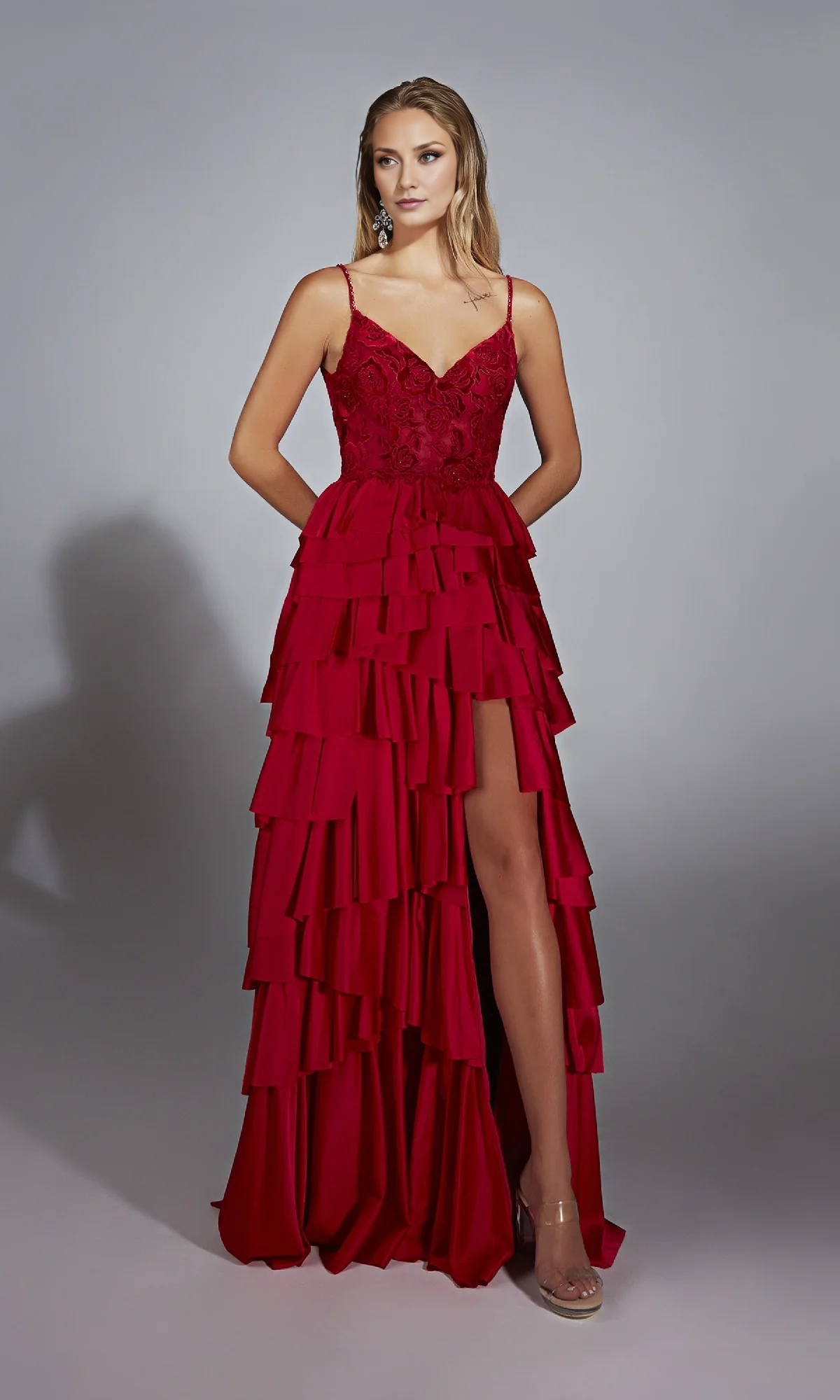 OKBBN Long A-line V-neck Velvet Lace Corset Ball Dress