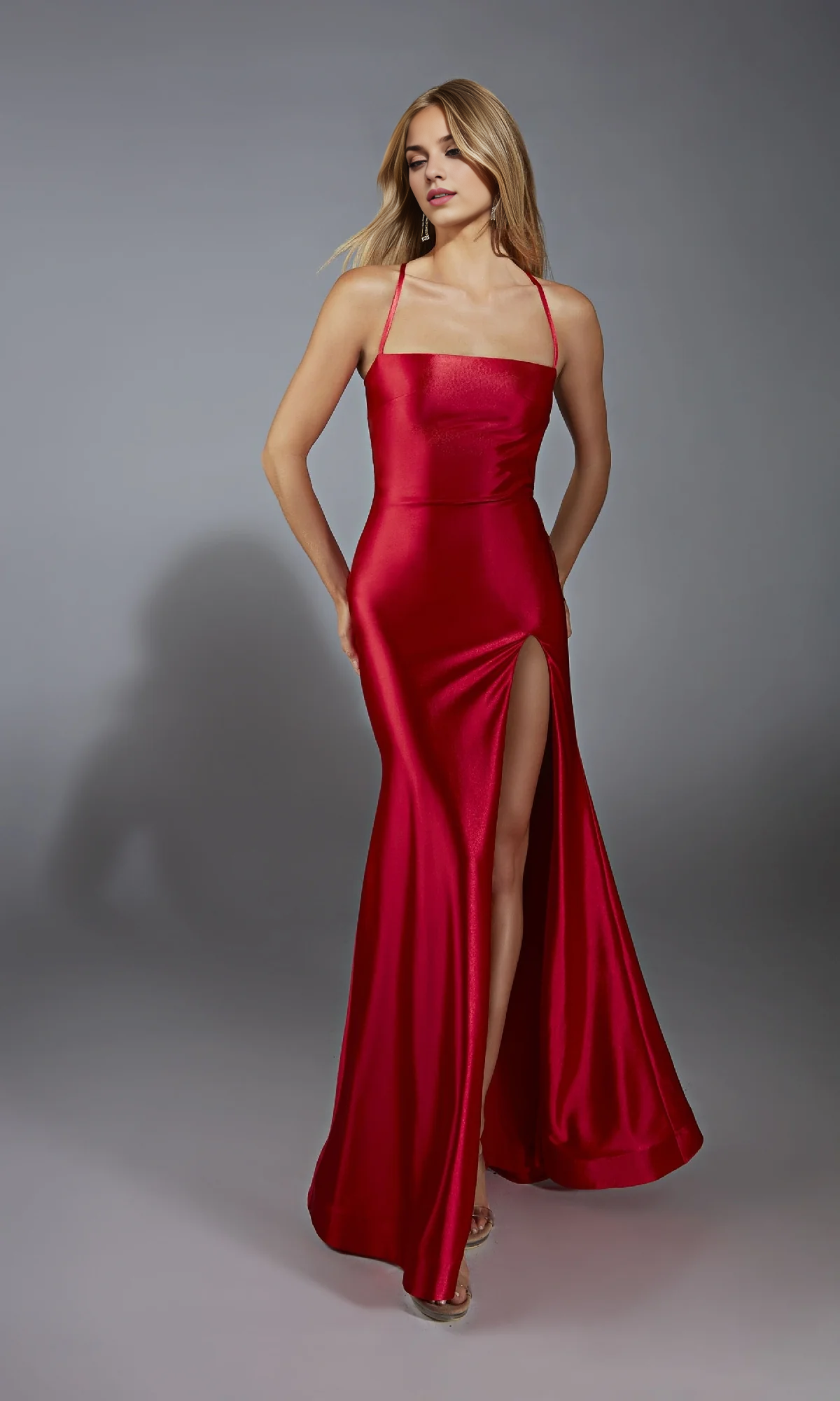 OKBBN long slim fit backless slit thin shoulder strap dance dress